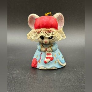 Jasco Christmas Ornament Lil Chimers Mouse Handpainted Bisque Porcelain Bell VTG